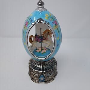 Easter Egg Music Box Sankyo Enamel Metal Animated Carousel Waltz 9" Tall Vintage